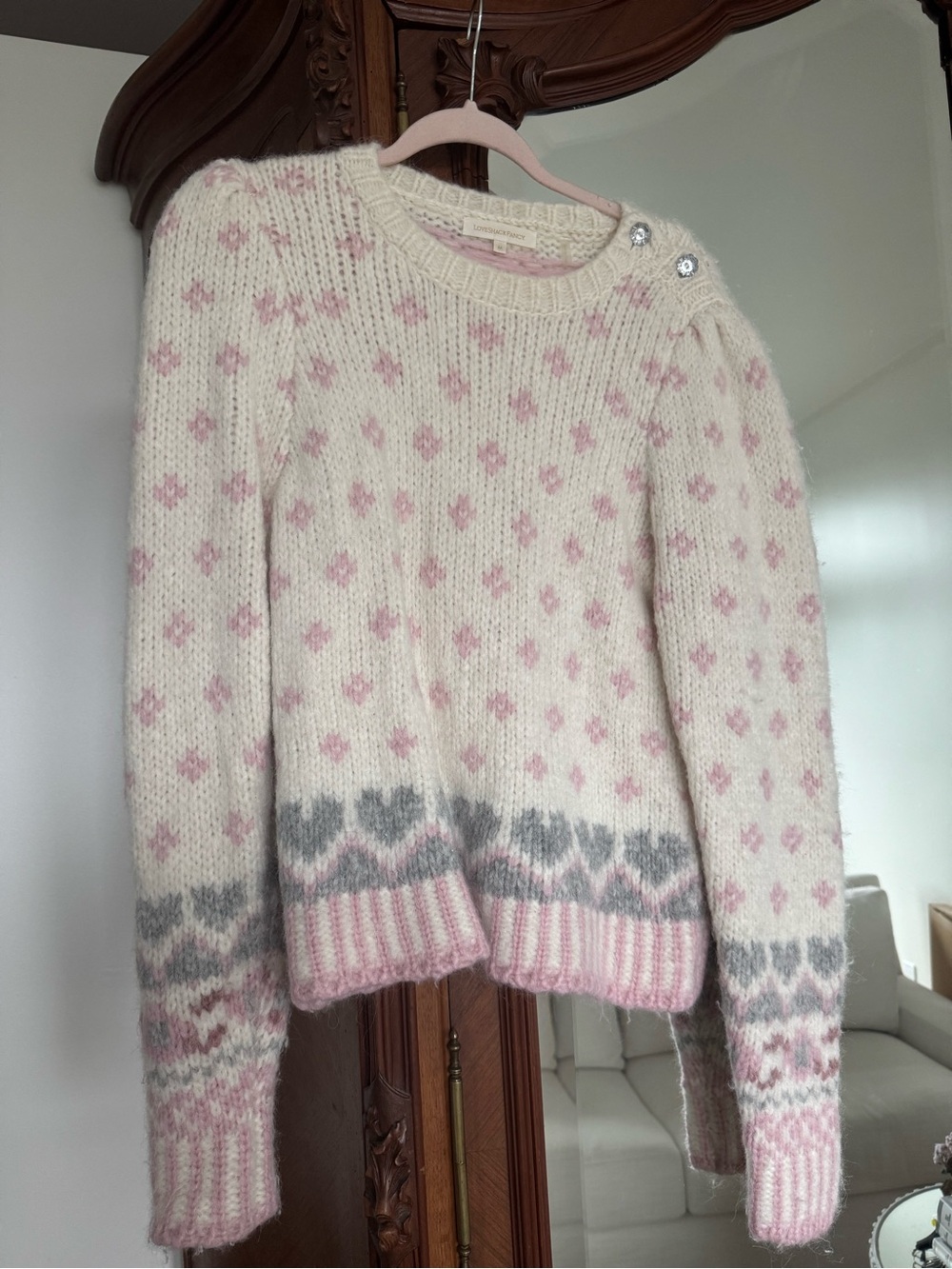 Loveshackfancy Cream and Pink Patterned Women's Sweater